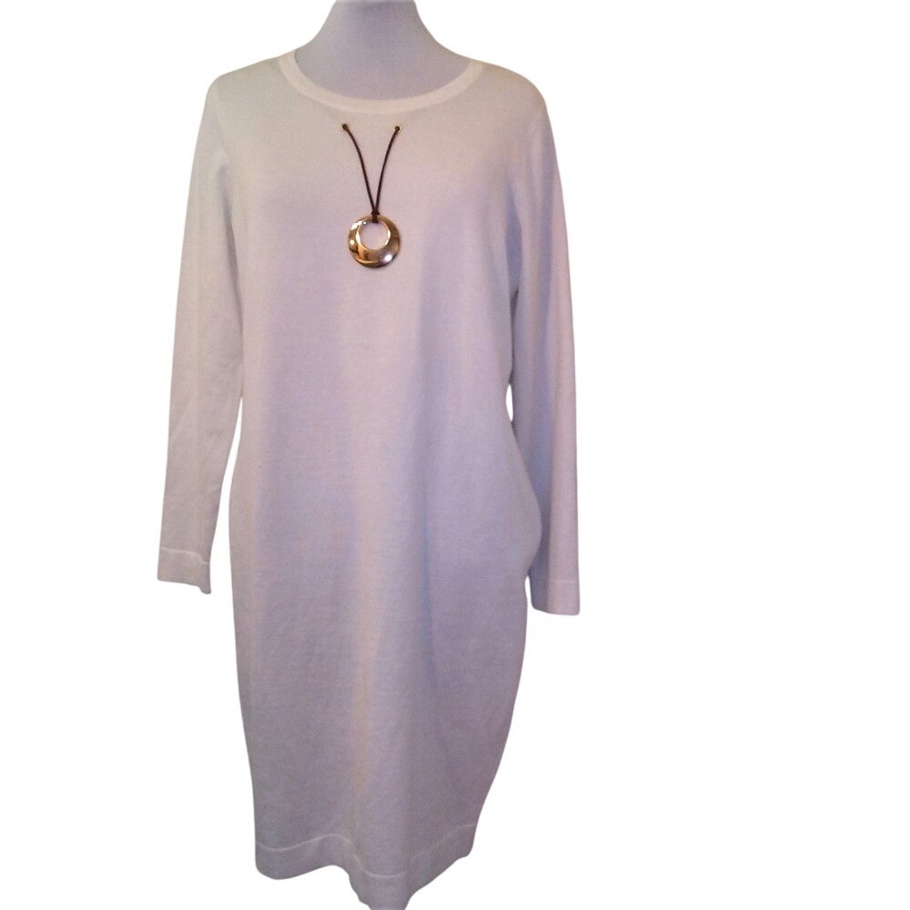 Questions White Knit Long Sleeve Sweater Dress with Gold Ring Necklace Medium